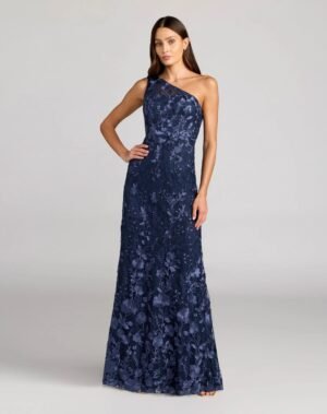 Navy One Shoulder Floral Embroidered Gown - Mac Duggal