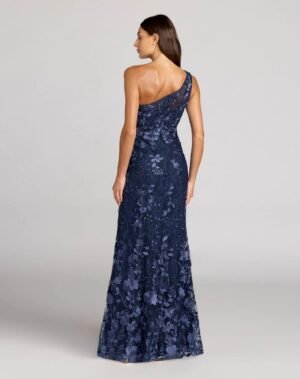 Navy One Shoulder Floral Embroidered Gown - Mac Duggal