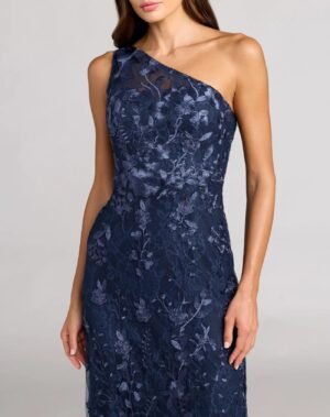 Navy One Shoulder Floral Embroidered Gown - Mac Duggal