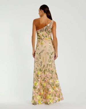 Beige One Shoulder Floral Embroidered Gown - Mac Duggal