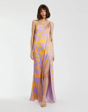 Purple Orchid Floral Printed Charmeuse One Shoulder Maxi Dress With Slit