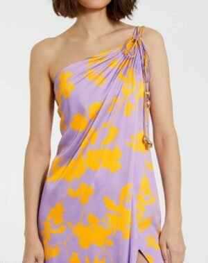 Purple Orchid Floral Printed Charmeuse One Shoulder Maxi Dress With Slit - Mac Duggal