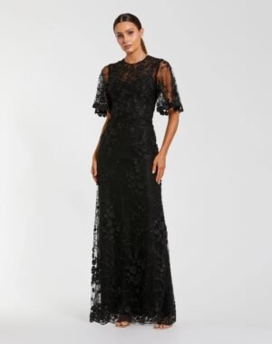 Black Flutter Sleeve Floral Embroidered Net Gown