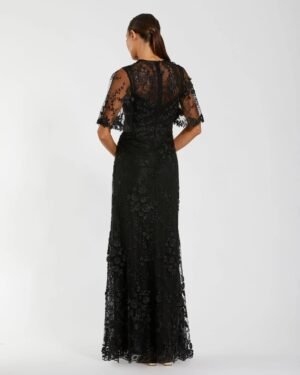 Black Flutter Sleeve Floral Embroidered Net Gown Mac Duggal
