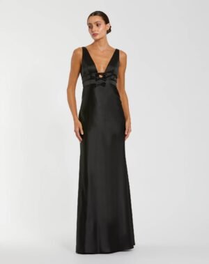 Black Sleeveless V Neck Satin Gown With Bow Details Ieena for Mac Duggal