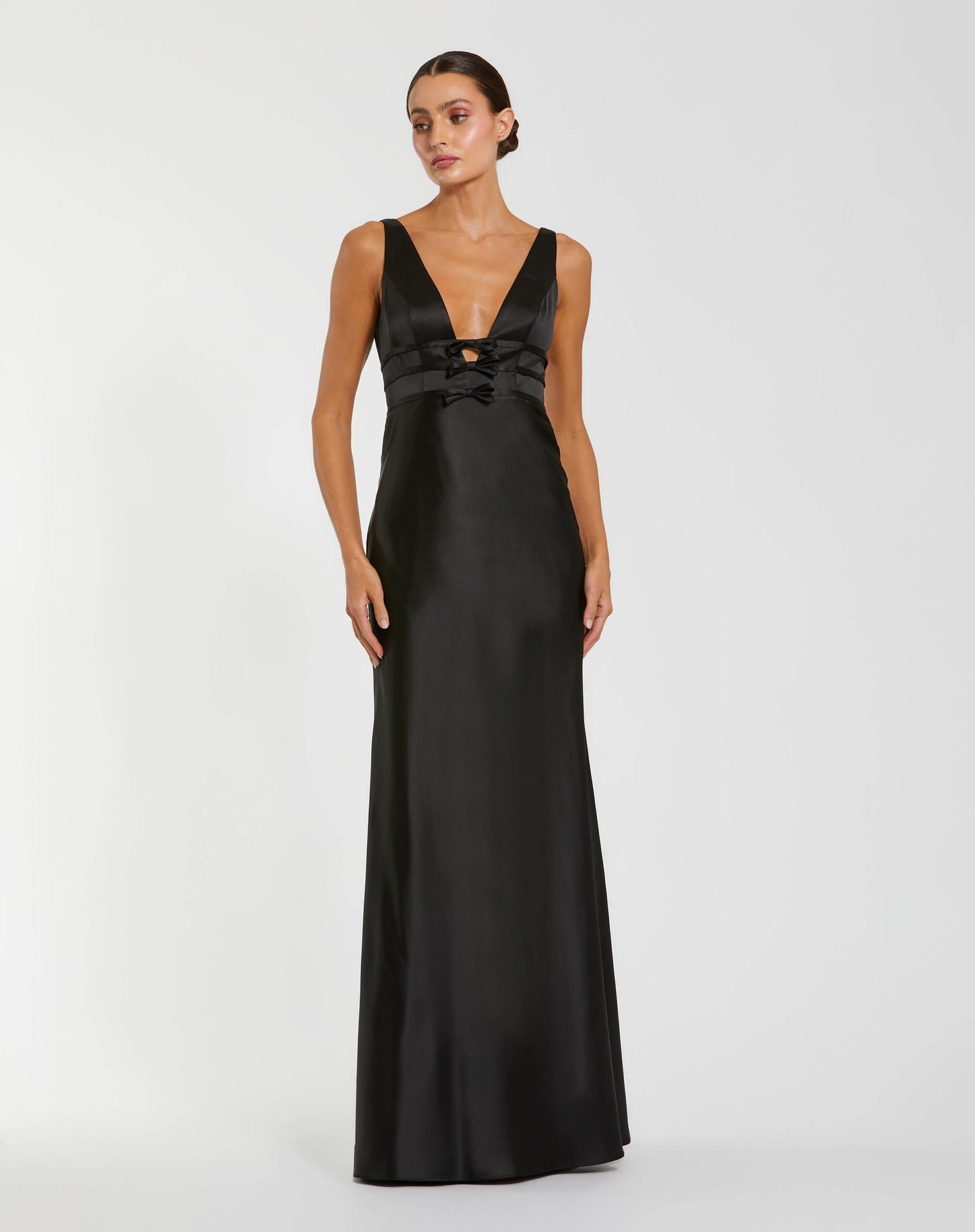 Black Sleeveless V Neck Satin Gown With Bow Details