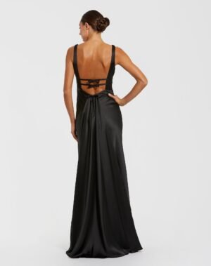 Black Sleeveless V Neck Satin Gown With Bow Details Ieena for Mac Duggal