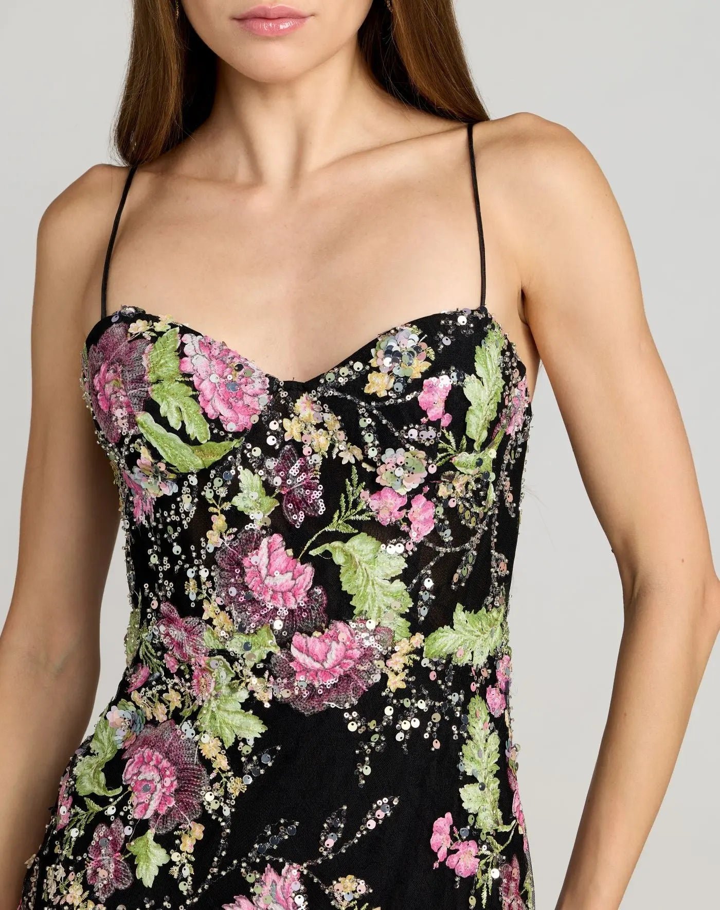 Black Embellished Bustier Floral Trumpet Gown- Mac Duggal