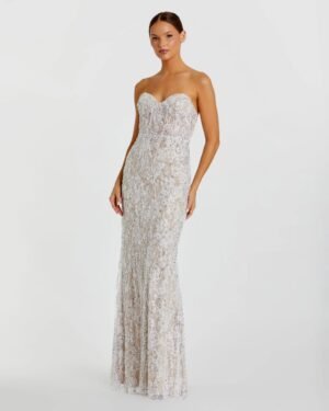 Ivory Embellished Lace Strapless Bustier Gown