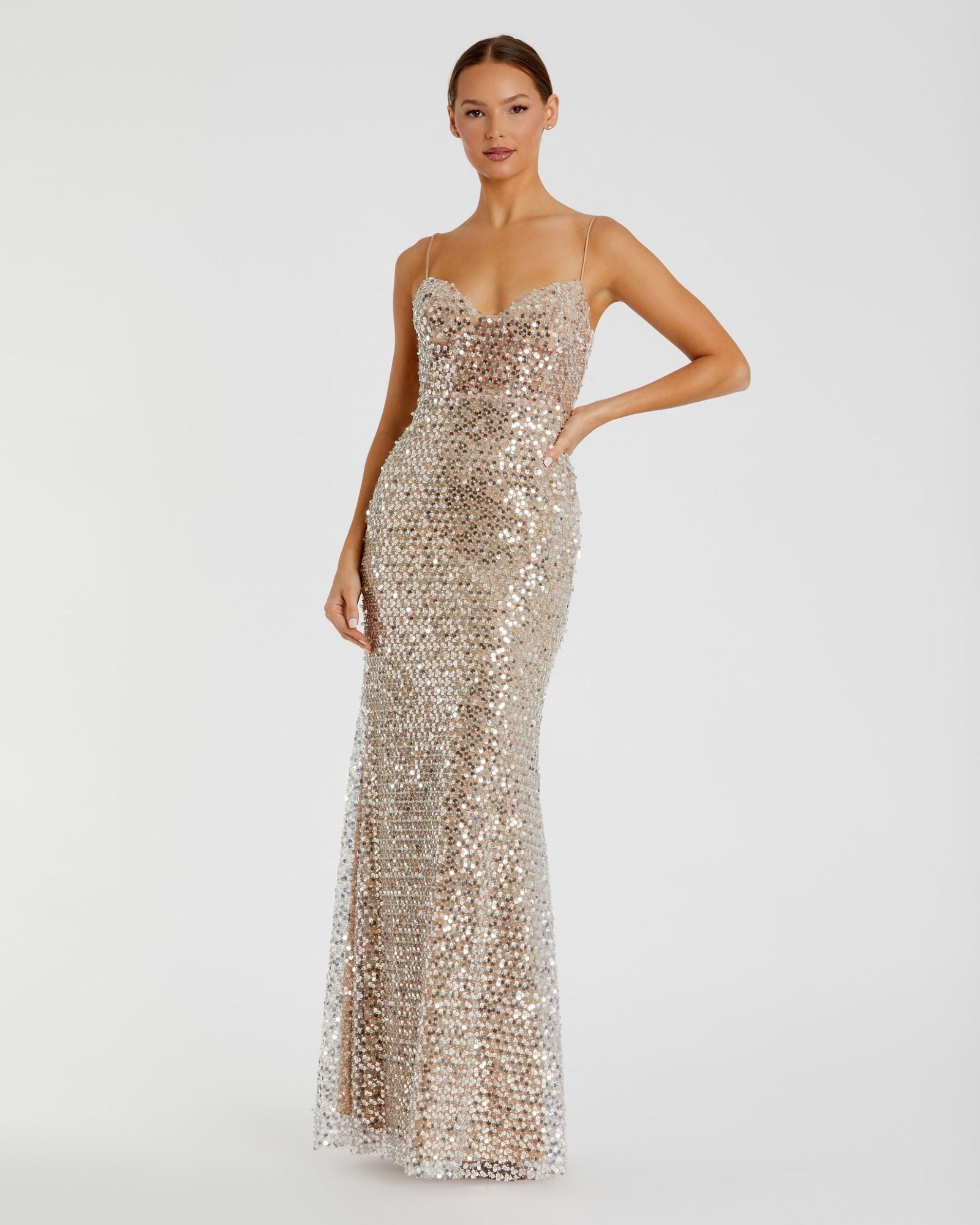 Silver Embellished Bustier Column Gown