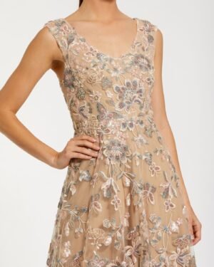 Beige Floral Embroidered Sleeveless V Neck Gown Mac Duggal