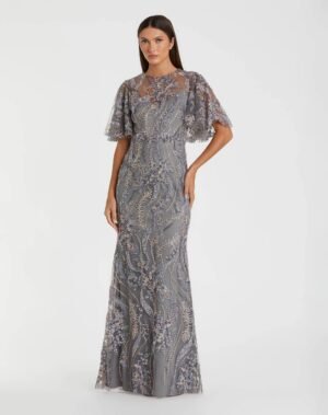 Gray High Neck Flutter Sleeve Embroidered Gown