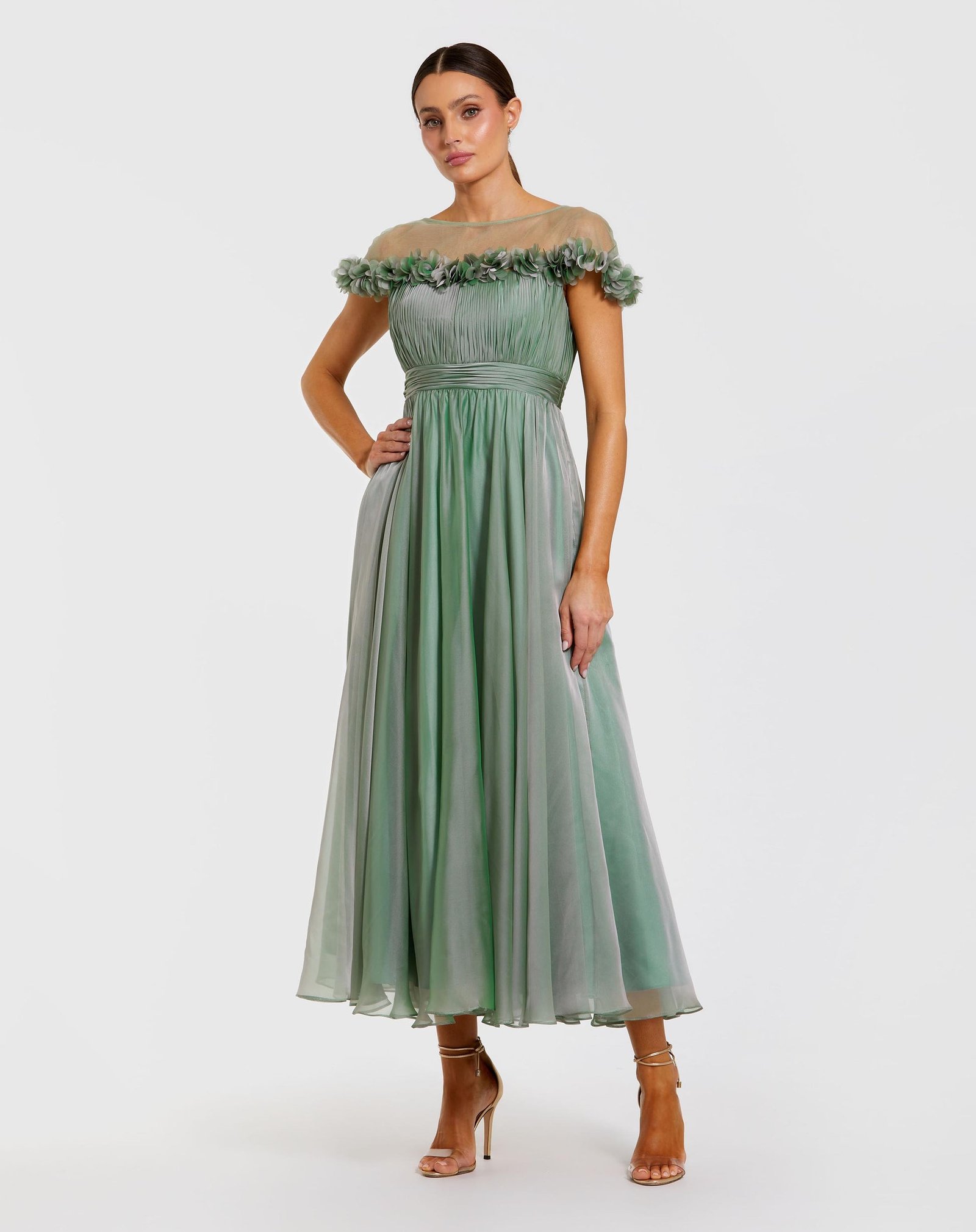 Green Chiffon Illusion Neck Midi Dress With 3D Flowers Mac Duggal