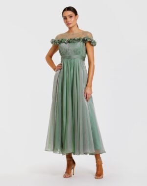 Green Chiffon Illusion Neck Midi Dress With 3D Flowers