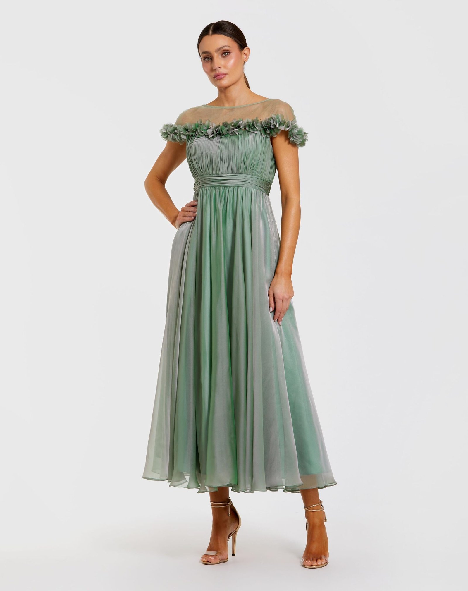 Green Chiffon Illusion Neck Midi Dress With 3D Flowers