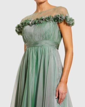 Green Chiffon Illusion Neck Midi Dress With 3D Flowers Mac Duggal
