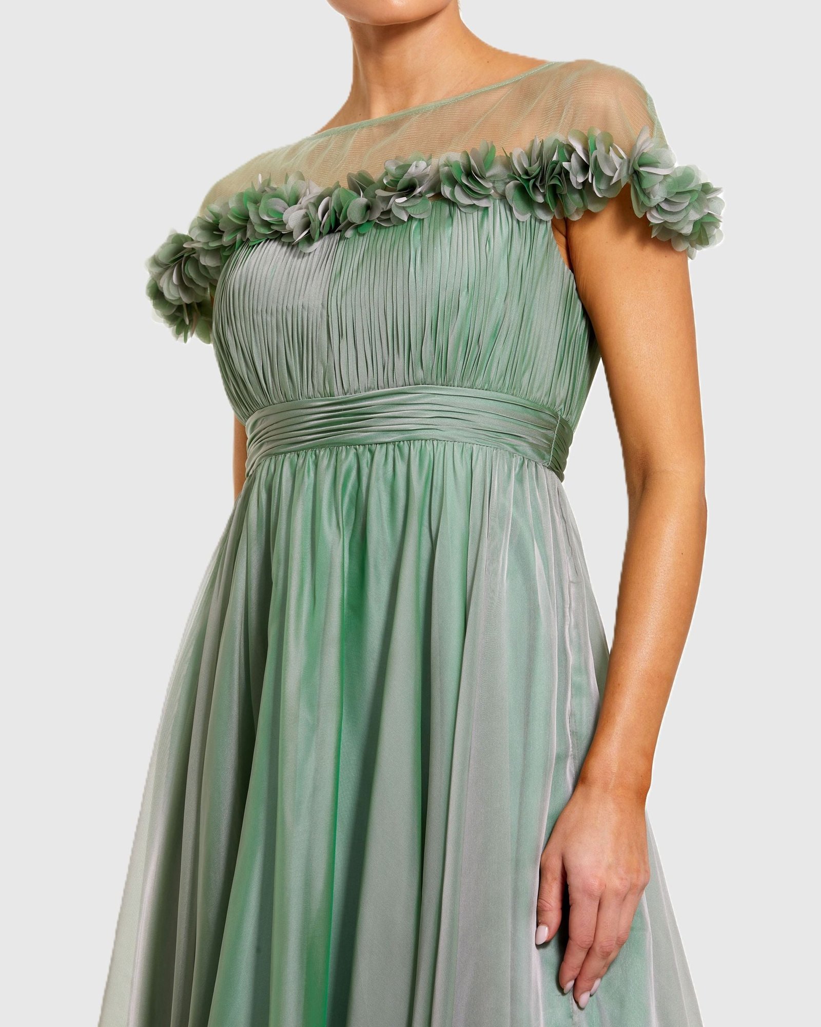 Green Chiffon Illusion Neck Midi Dress With 3D Flowers Mac Duggal