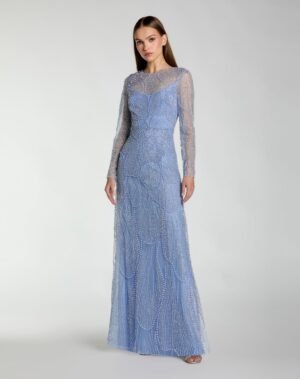 Blue Beaded High Neck Long Sleeve A Line Gown - Mac Duggal