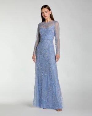 Blue Beaded High Neck Long Sleeve A Line Gown