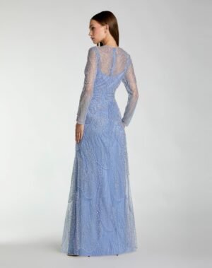 Blue Beaded High Neck Long Sleeve A Line Gown - Mac Duggal
