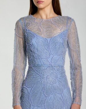 Blue Beaded High Neck Long Sleeve A Line Gown - Mac Duggal
