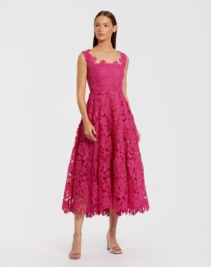 Pink Sleeveless Embroidered Lace A Line Midi Dress