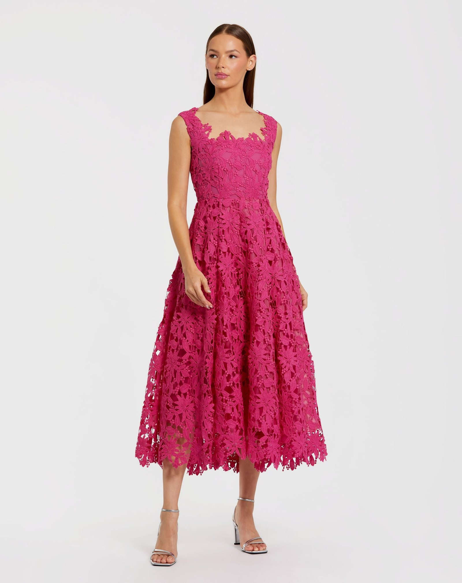 Pink Sleeveless Embroidered Lace A Line Midi Dress