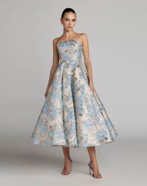 Blue Strapless Brocade A-Line Midi Dress With Pockets Mac Duggal
