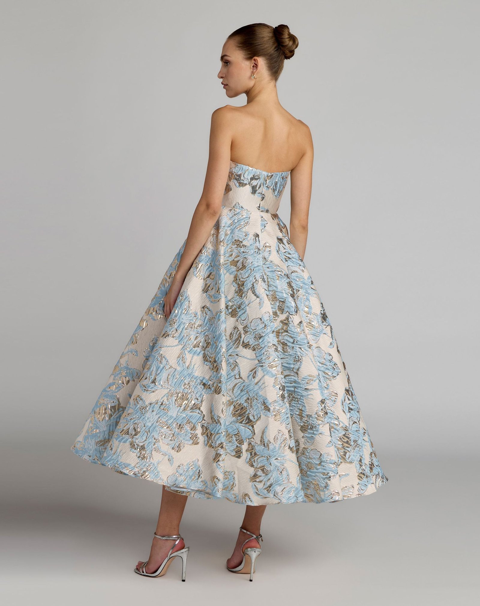 Blue Strapless Brocade A-Line Midi Dress With Pockets Mac Duggal