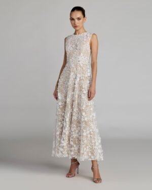 Ivory Floral Embroidered High Neck Midi Dress Mac Duggal
