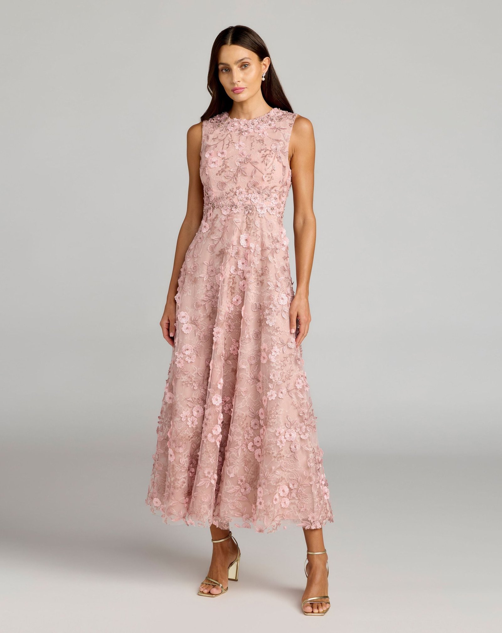Pink Floral Embroidered High Neck Midi Dress
