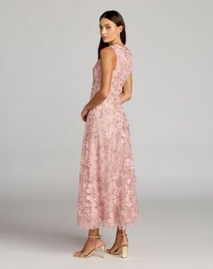 Pink Floral Embroidered High Neck Midi Dress - Mac Duggal