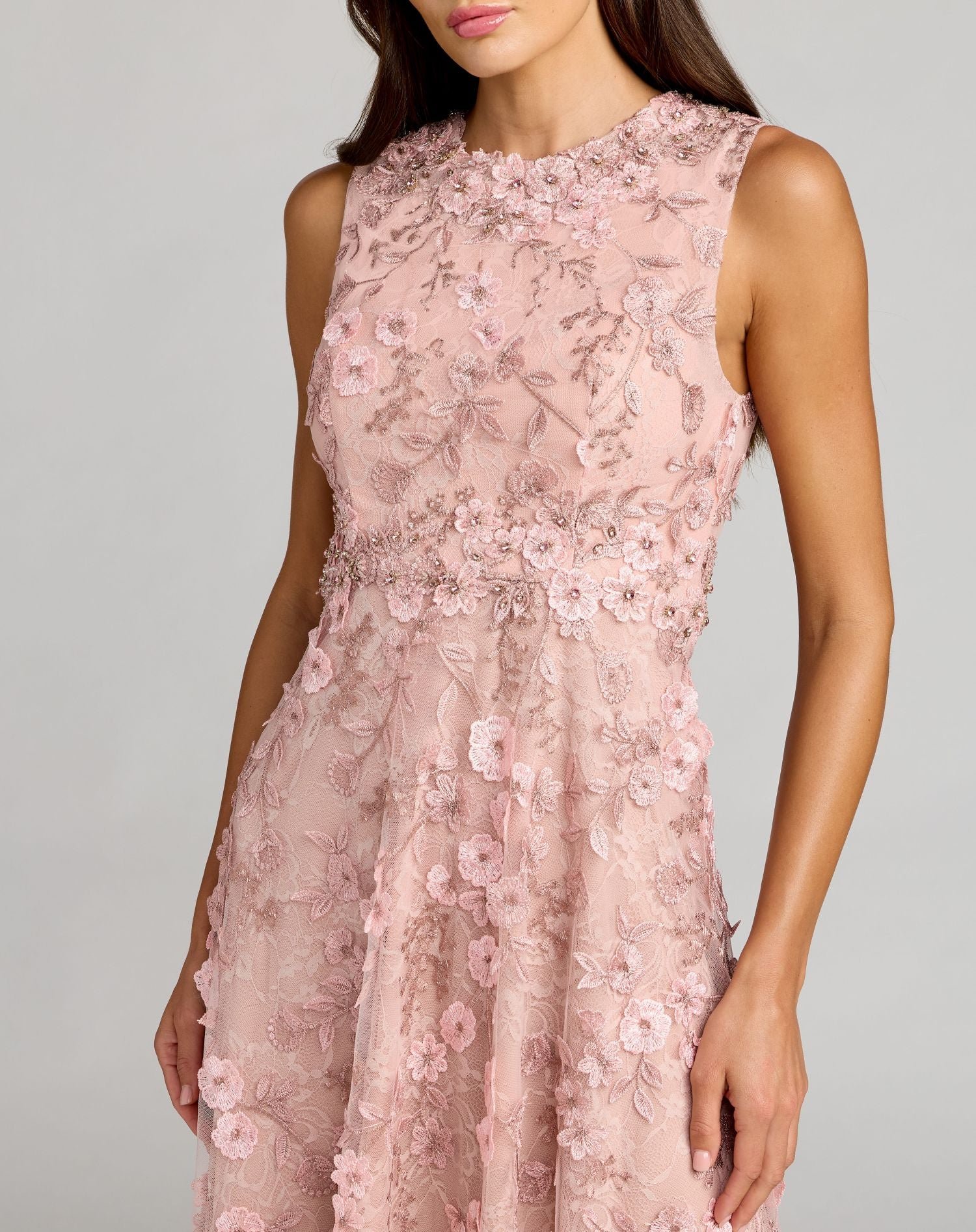 Pink Floral Embroidered High Neck Midi Dress - Mac Duggal