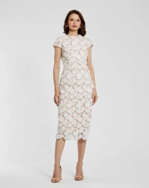 White and Beige Floral Lace Fitted Short Sleeve Midi Dress