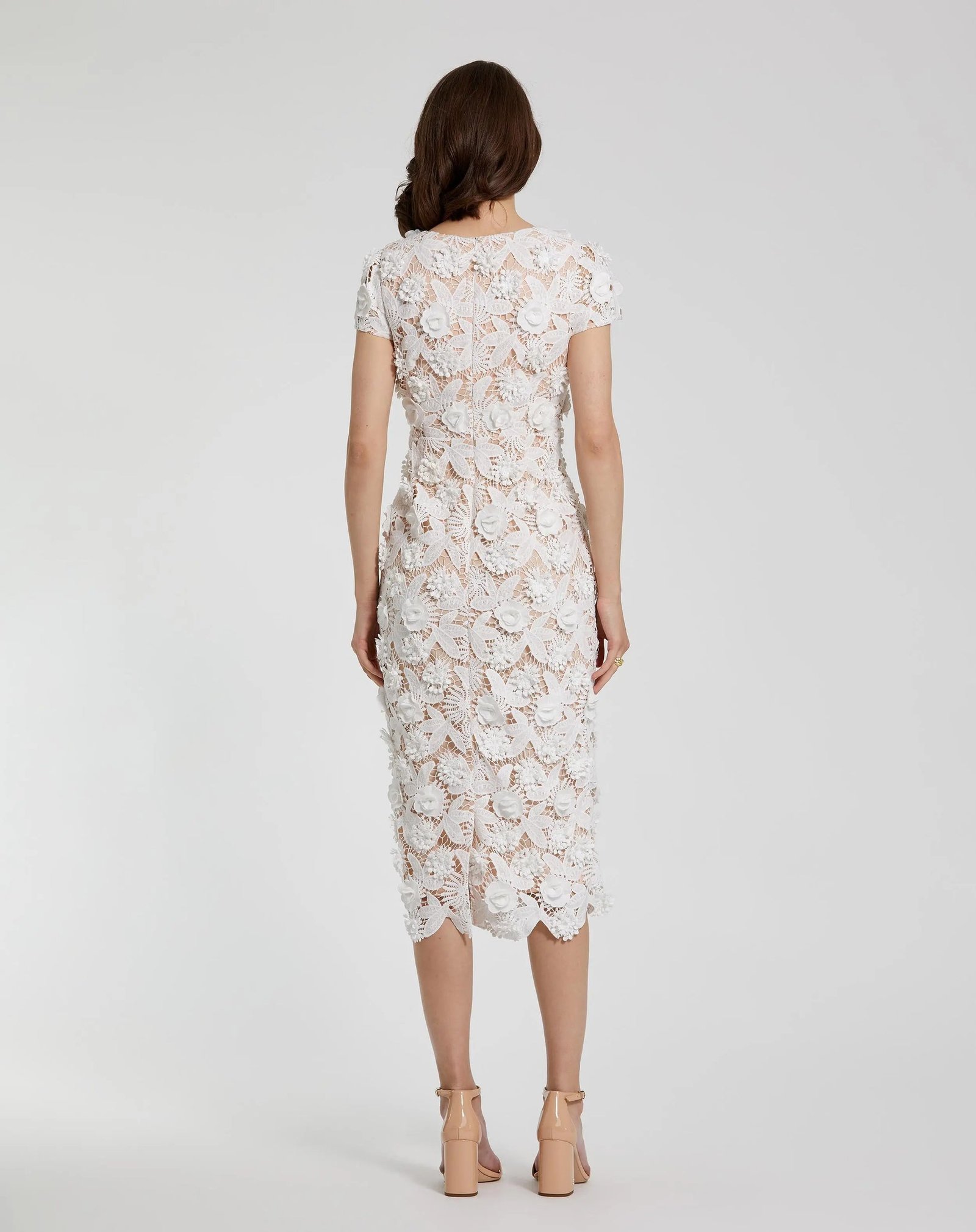White and Beige Floral Lace Fitted Short Sleeve Midi Dress - Mac Duggal