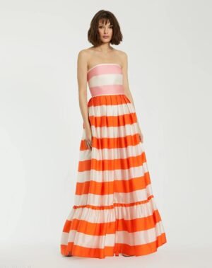 Multicolor Striped Organza Strapless Ruffle Maxi Dress