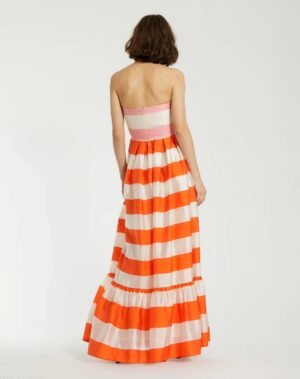 Multicolor Striped Organza Strapless Ruffle Maxi Dress - Mac Duggal