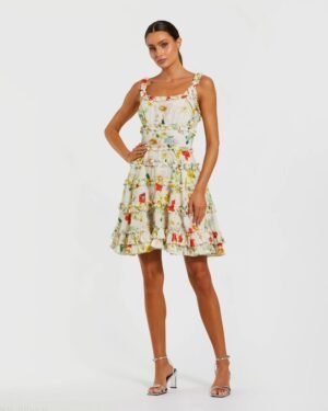 Ivory Floral Square Neck Ruffle Mini Dress