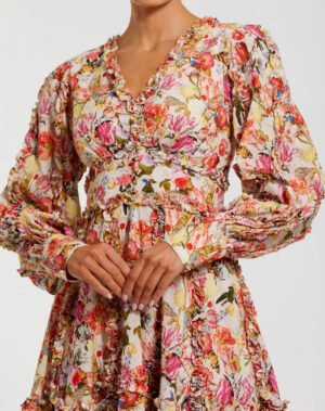 Multicolor Ruffle Floral V Neck Cotton Mini Dress Mac Duggal