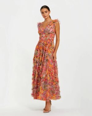 Multicolor Floral V-Neck Ruffle Maxi Dress