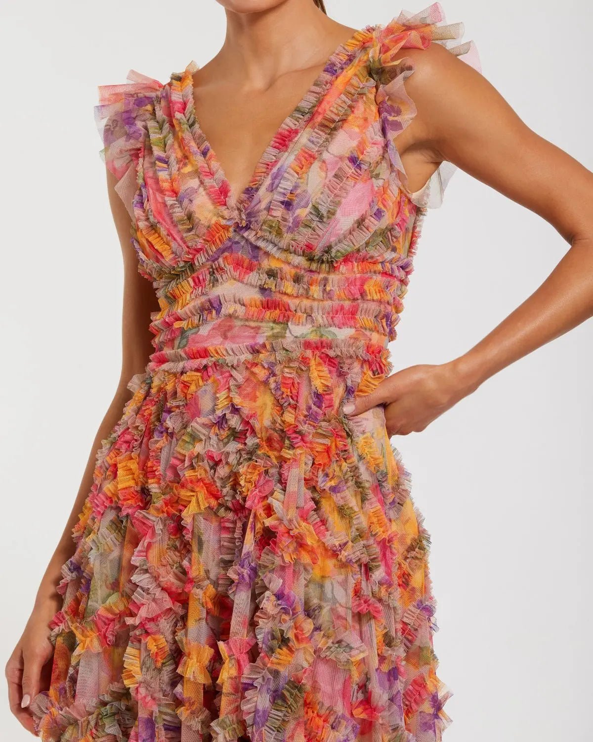 Multicolor Floral V-neck Ruffle Maxi Dress - Mac Duggal