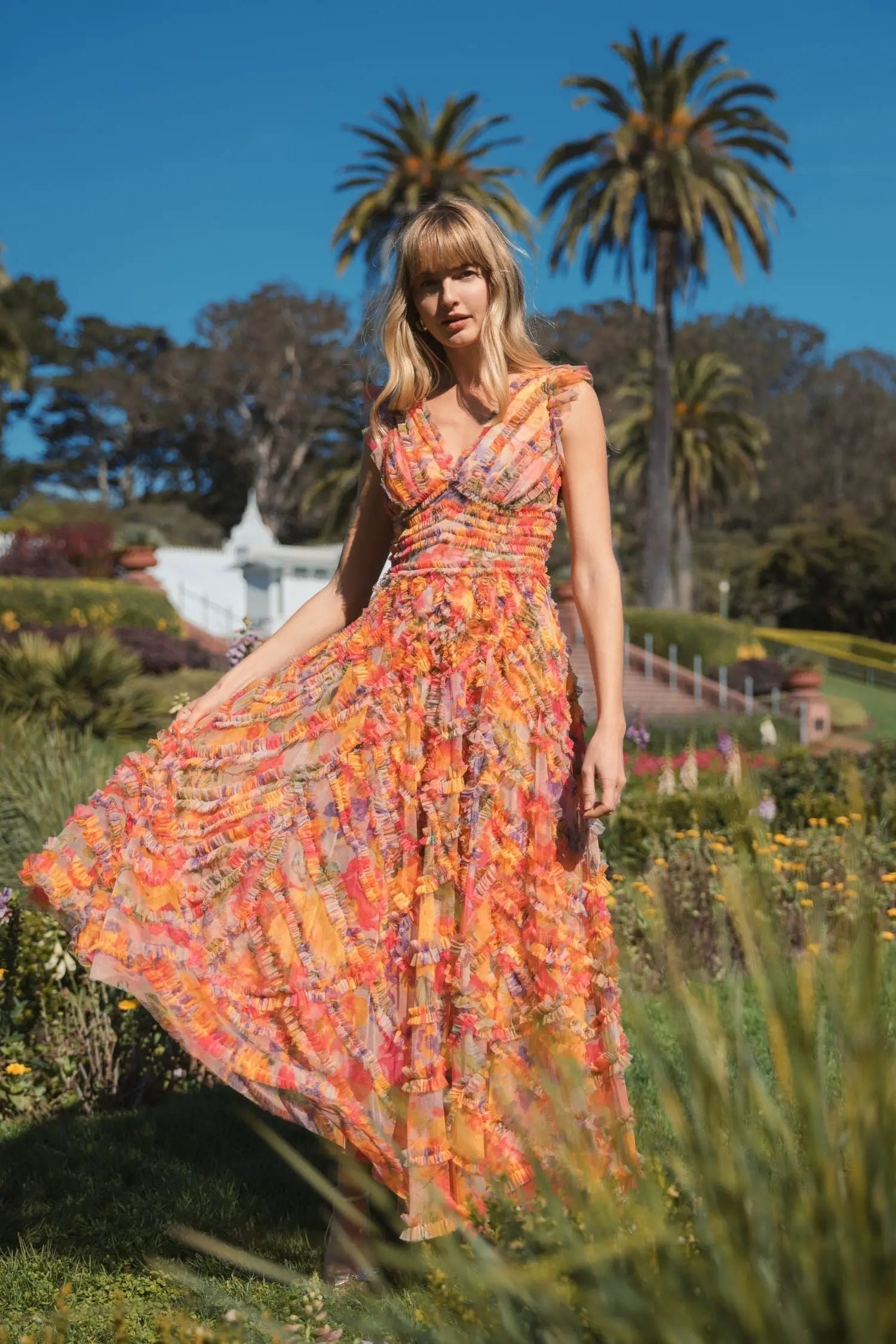 Multicolor Floral V-neck Ruffle Maxi Dress - Mac Duggal