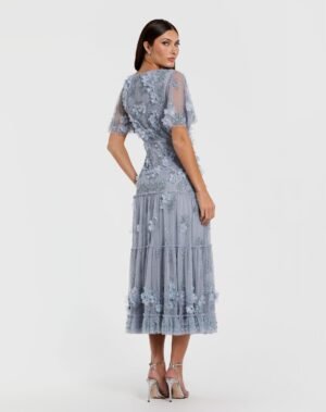 Blue Floral Embellished Flutter Sleeve Dress - Mac Duggal