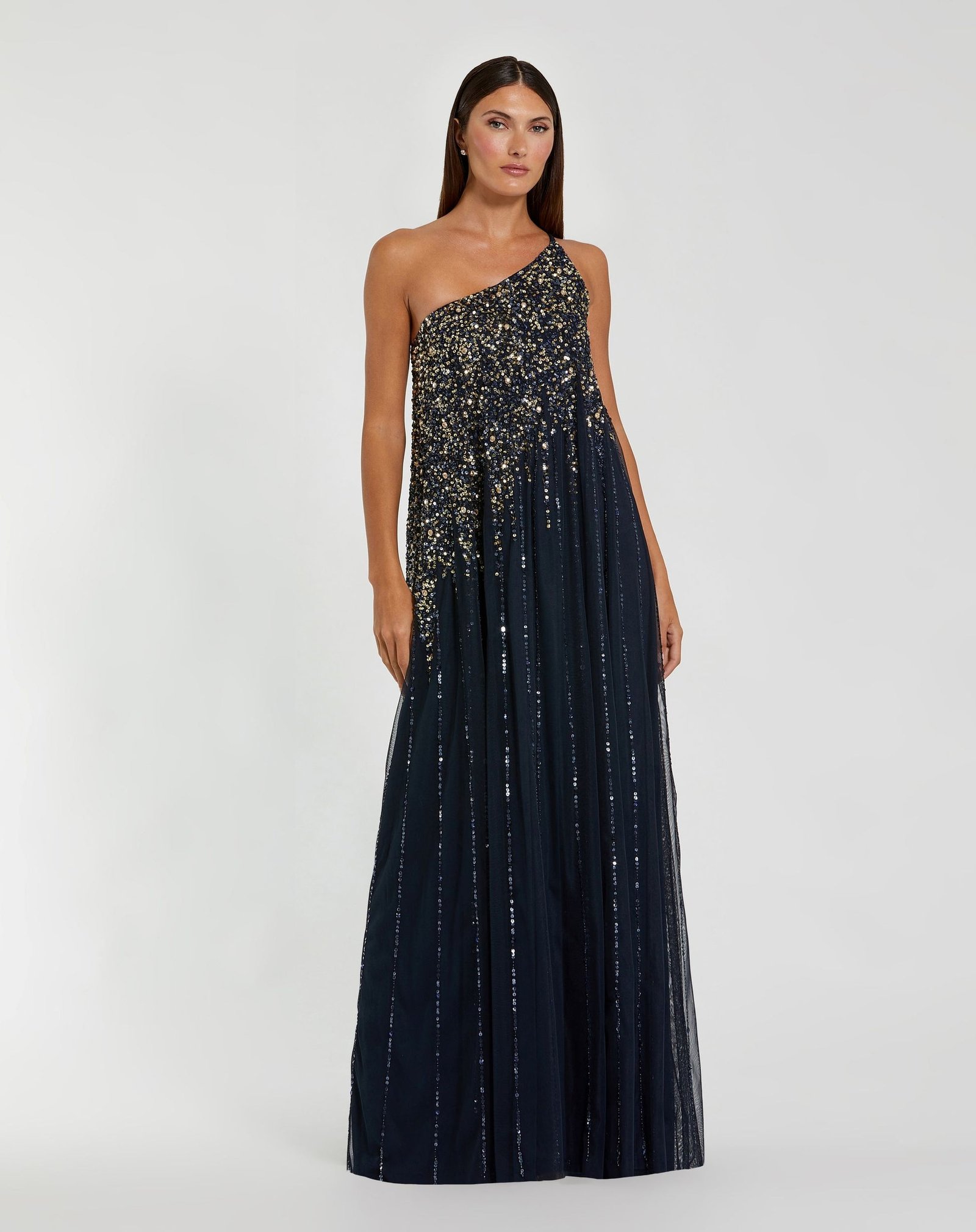 Navy One Shoulder Embellished Trapeze Gown Mac Duggal