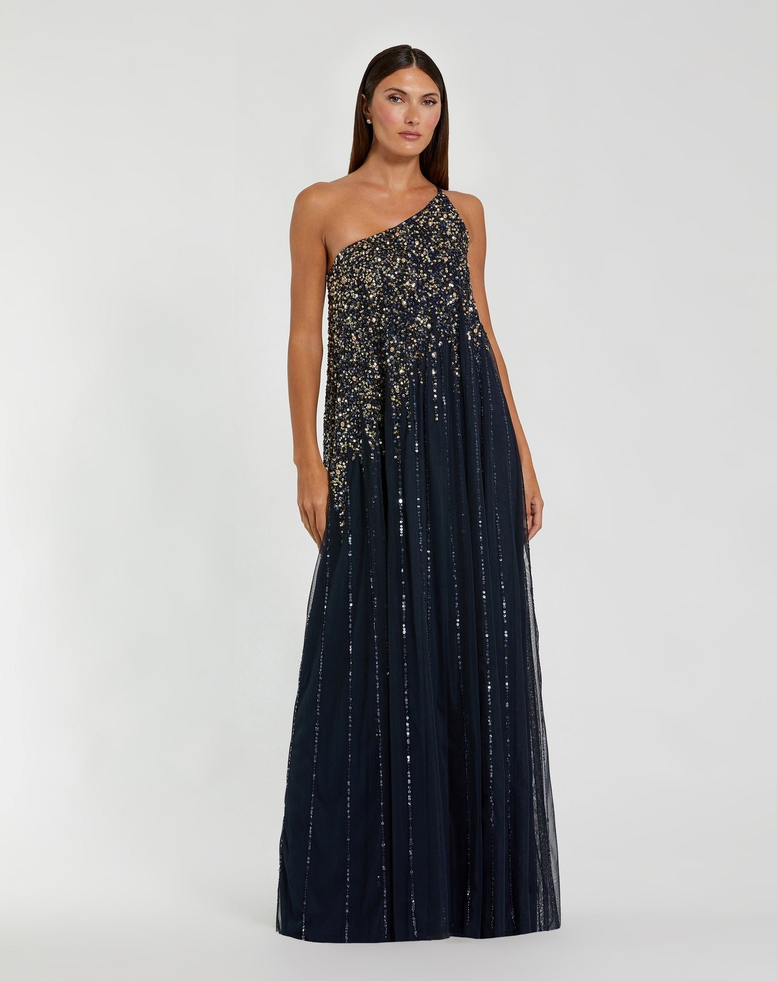 Navy One Shoulder Embellished Trapeze Gown