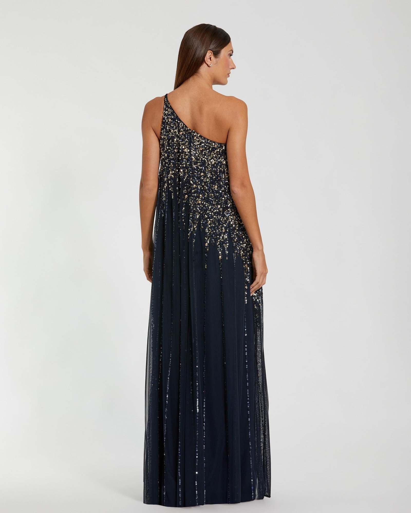 Navy One Shoulder Embellished Trapeze Gown Mac Duggal