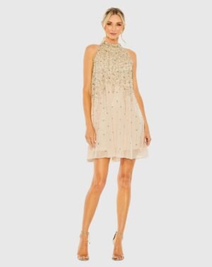 Beige High Neck Sleeveless Sequin Embellished Trapeze Dress