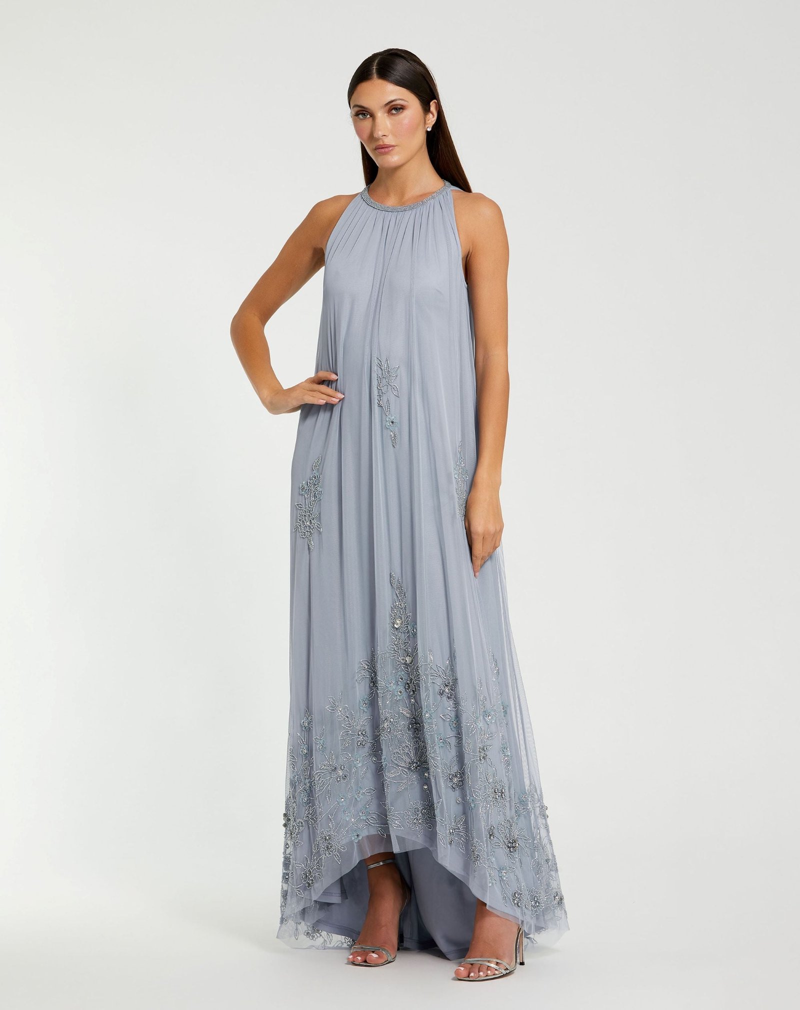 Blue High Neck Floral Embellished Trapeze Gown