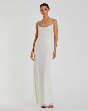 White Beaded Spaghetti Strap Column Gown - Mac Duggal