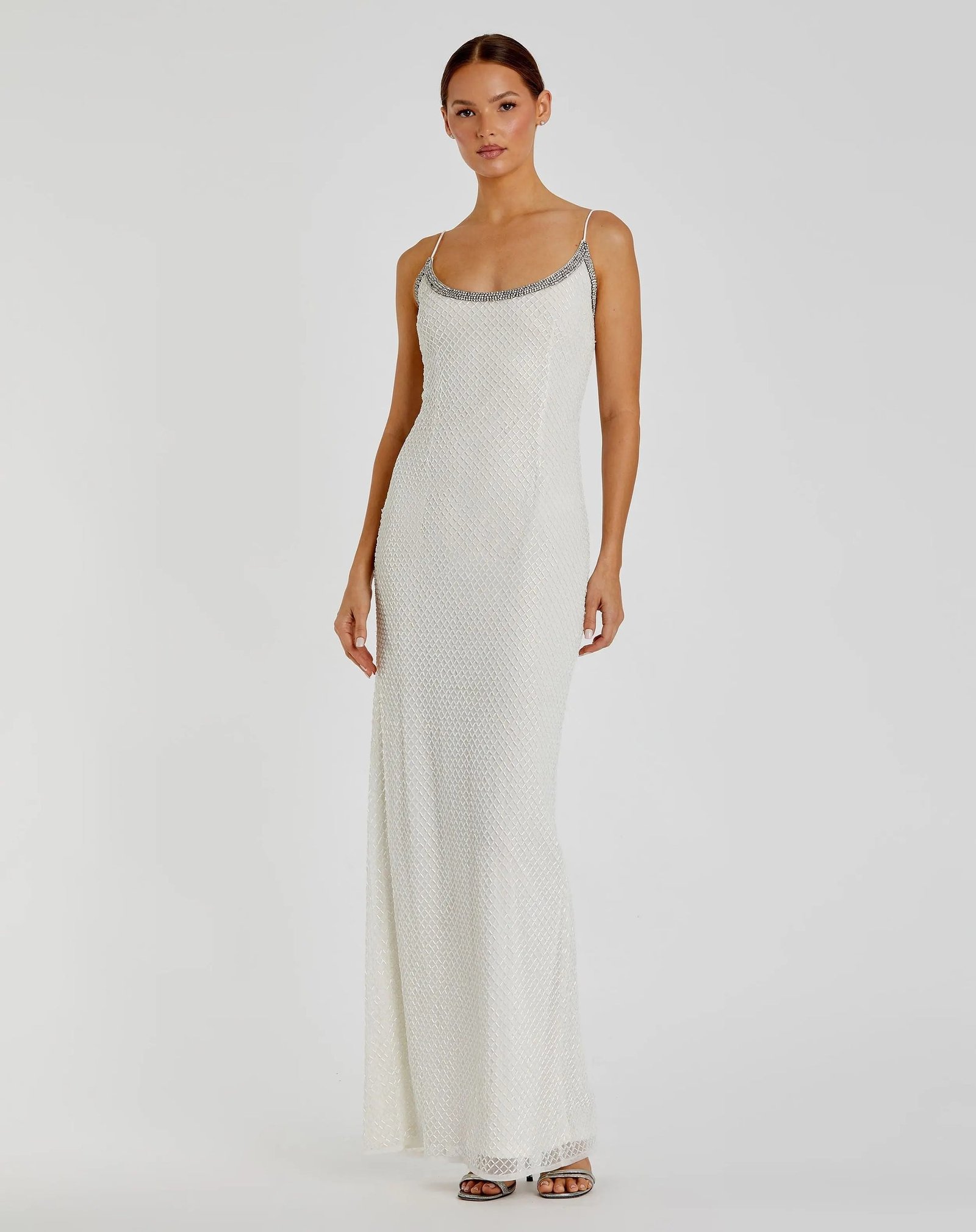 White Beaded Spaghetti Strap Column Gown - Mac Duggal